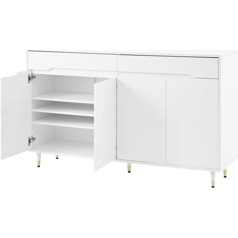 Scarpiera moderna con 2 ante, 2 cassetti e ripiani regolabili 140x39x84 cm bianco e oro HOMVRA (1/5)