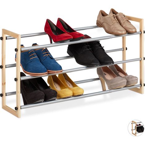 Relaxdays Schuhregal ausziehbar, offener Schuhständer mit 3 Ebenen, Holz & Eisen, erweiterbar bis 118 cm Breite, natur