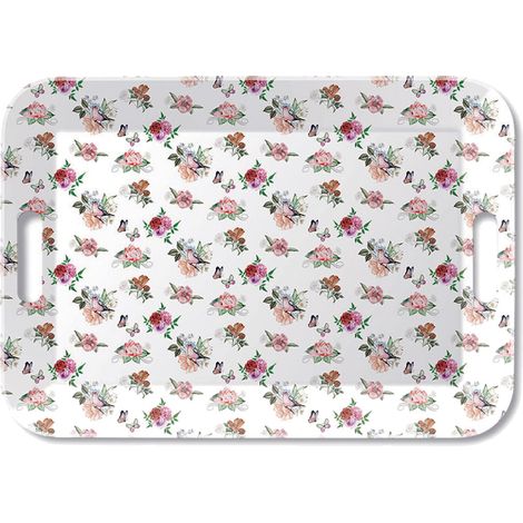 Grand plateau rectangulaire 46.5x32.5 cm en mélamine – Motif Charlotte avec fleurs et oiseaux – Léger et facile à nettoyer – Ambiente