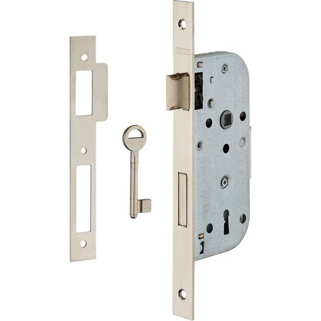 Serrure encastrable à clé pour porte de chambre – Pêne dormant 40mm – Bouts carrés – 1 clé fournie – Finition nickelée ou laitonnée (1/2)