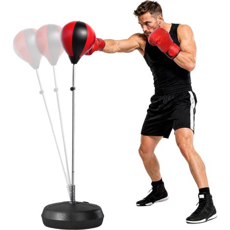 Sac de Frappe sur Pied Punching ball sur pied réglable en hauteur 126-144 cm avec gants. pompe et base de lestage pour adolescents et débutants noir et rouge (1/5)