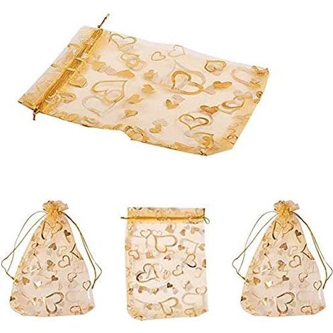 50 Stück Organza-Schmuckbeutel, mit goldenem Herz-Aufdruck, Organza-Geschenkbeutel mit Kordelzug, 9 x 12 cm, perfekt für Hochzeit, Weihnachten, Geburtstag, Jahrestag (1/5)