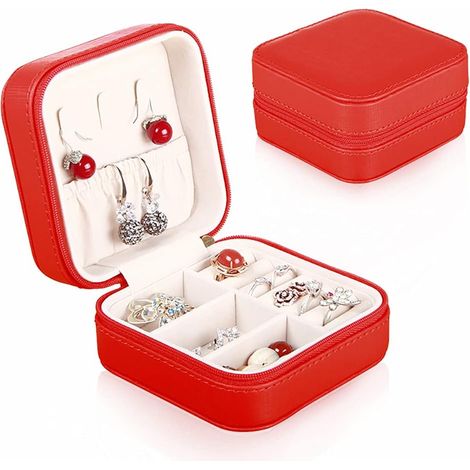 Boîte à bijoux petite pochette de voyage en cuir PU rouge avec support portable pour femmes et filles (1/4)