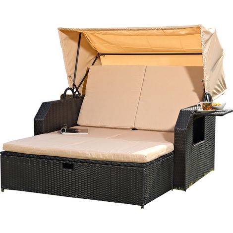 Melko Strandkorb Rattan Schwarz Sonneninsel Gartenliege Rattanbett Sonnenliege Sofa (1/5)
