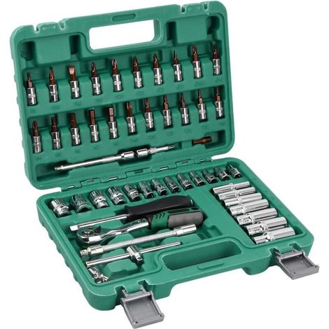 Jeu de 53 outils : douilles 1/4", embouts, douille universelle, clé à cliquet, poignée rotative et barres d'extension pour réparation voiture et vélo (1/5)