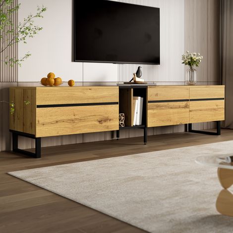 Meuble TV moderne 180x38x45 cm - 2 portes - Avec étagères rabattables et étagères ouvertes - Pieds réglables - Naturel