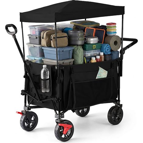 Relaxdays Folding trolley, 150 kg, canopy, telescopic & push handle, rubber tyres with brake, black