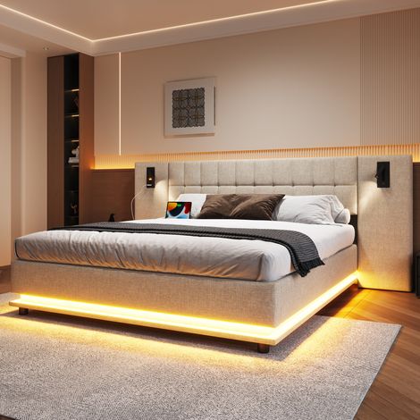 Lit capitonné 180x200cm avec bande LED tête de lit spot intégré port USB beige