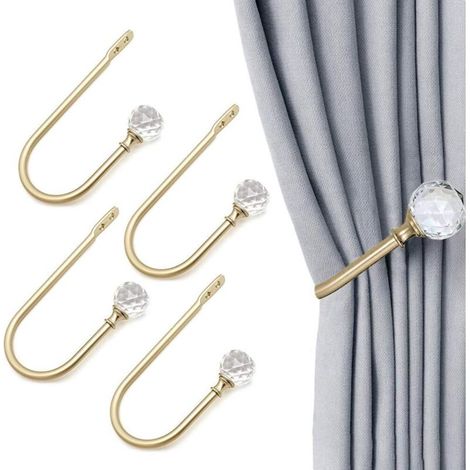 4 pièces de rideaux en forme de U avec boules de cristal transparentes pour décoration murale, Doré