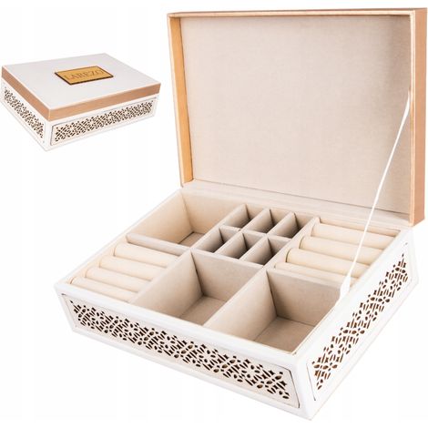 Joyero elegante, grande, beige, de cuero ecológico, calado, espacioso (1/5)