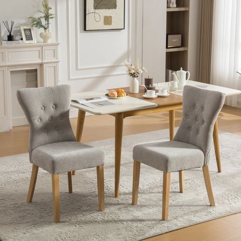 Chaises salle à manger design haut gamme bois massif tissu chenille pieds bois détails cloutés lot 2 gris dimensions 62x46x92,5cm (1/5)
