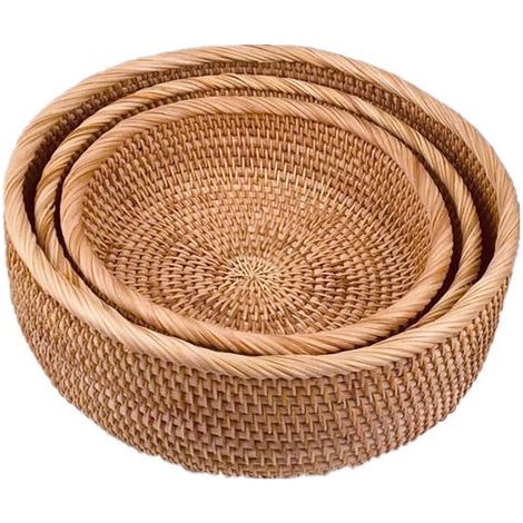 royaluxe - Panier de rangement décoratif rond en rotin pour fruits, pain, collation, bureau, 3 pièces (1/5)