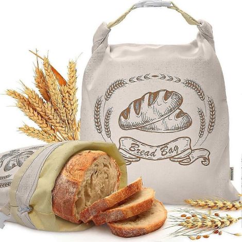 Deux sacs à pain XL en cire d'abeille, adaptés au pain au levain, réutilisables, en coton biologique, pouvant être congelés.