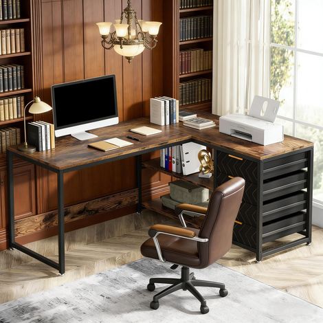 Bureau d'angle élégant en forme de L, poste de travail pour bureau et télétravail, table de travail robuste, meuble ordinateur moderne, espace gain de place, uniquement le bureau sans accessoires. (1/5)