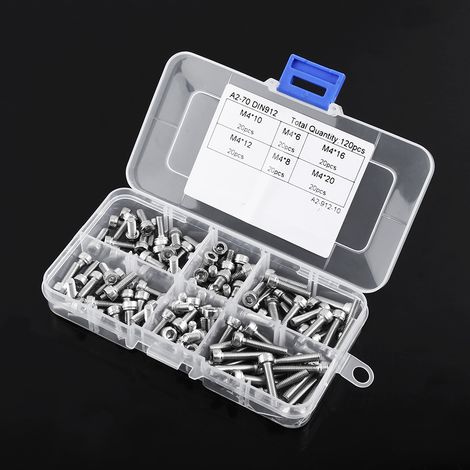 Kit de 120 vis à tête cylindrique hexagonale creuse M4 6/8/10/12/16/20 mm en acier inoxydable, visserie DIN912 (1/5)