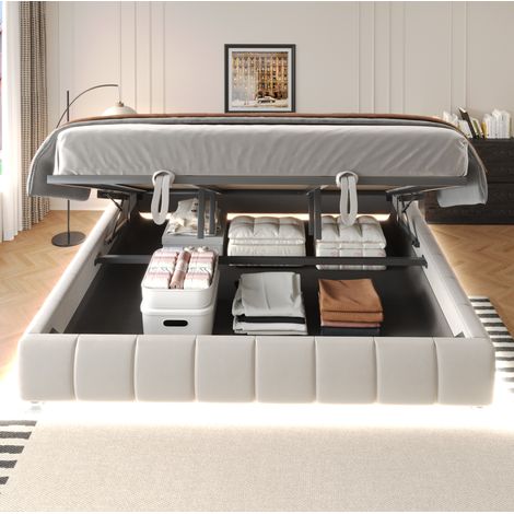 MEUBLIV Lit coffre 180 x 200 cm lit adulte 2 places rembourré avec bande LED blanche,rangement hydraulique,beige (1/4)