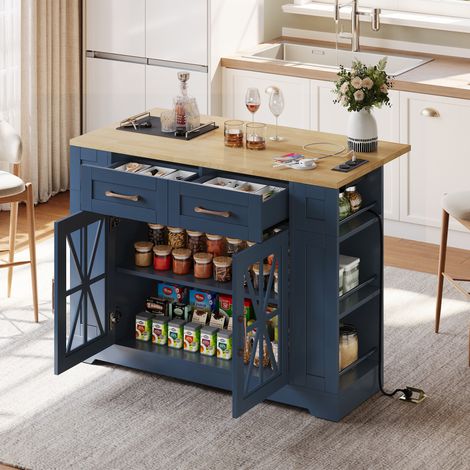Mobile Kücheninsel 120 cm mit klappbarer Tischplatte, AC-/USB-Steckdosen, Blau OKMYHOME (1/5)