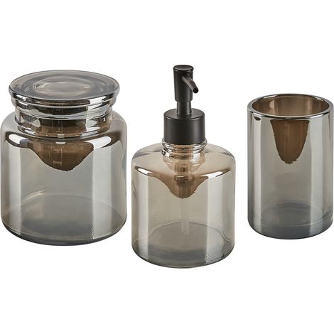 Conjunto de 3 accesorios de baño de vidrio gris dispensador portacepillos recipiente glamour Managua