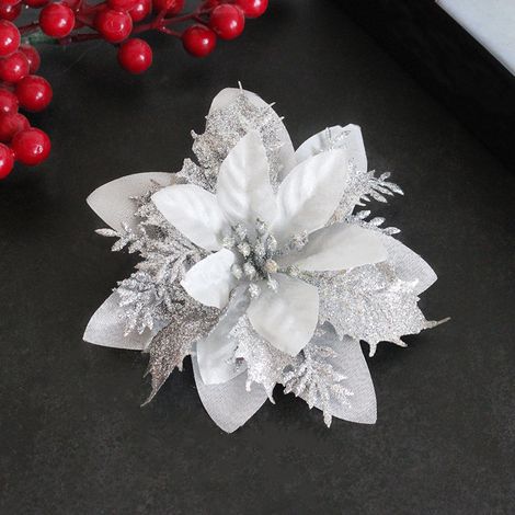 (Argent) Clip de ceinture de fleur d'arbre de Noël 10 pièces, fleurs de Noël artificielles à paillettes, guirlande de fleurs d'arbre de Noël de poinsettia à paillettes, guirlande, décoration d'arbre d
