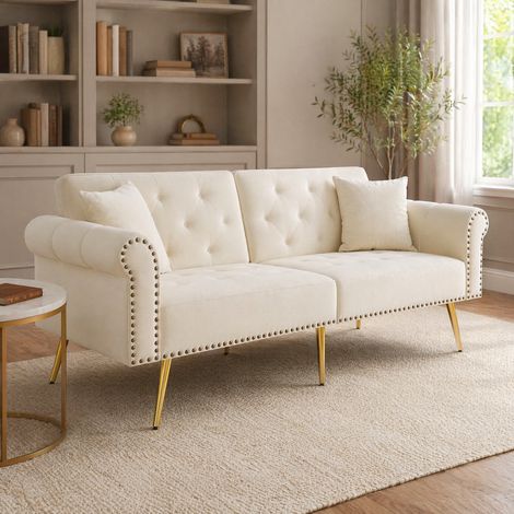 Sofá cama 2 plazas de terciopelo, respaldo 3 posiciones, beige DESVIAE (1/5)