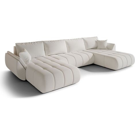 Canapé d’angle velours chenille panoramique convertible avec coffre LUMEN-Blanc cassé (1/4)