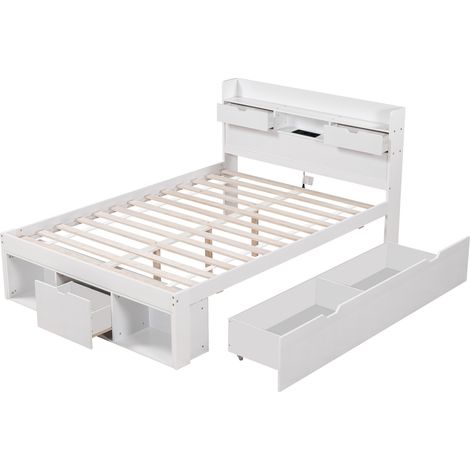 Doppelbett 140 x 200 cm mit USB, Schubladen und Stauraum, weiß, mit Lattenrost, ohne Matratze (1/5)