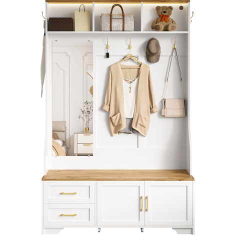 Meuble d'entrée vestiaire GL1101W avec miroir LED 16 couleurs banc à chaussures tiroirs et crochets 120x40x187cm blanc et bois (1/5)