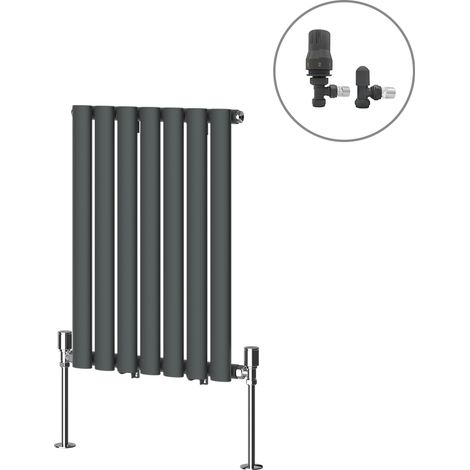 Designer Oval Column Radiator Central Heating Rad Anthracite with Angled Thermostatic Valves Horizontal Single 600x413mm (1/4)