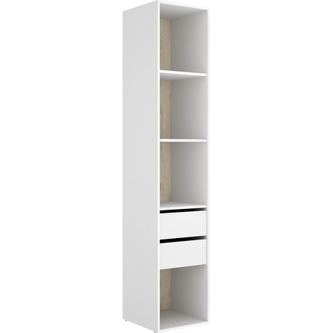 Etagère colonne ouverte avec fond réversible, 4 niches et de 2 tiroirs, coloris blanc/naturel - Hauteur 204,5 x Longueur 45 x Profondeur 45 cm (1/5)