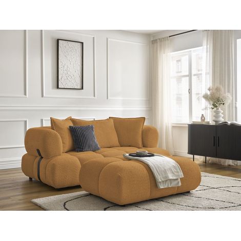 BOBOCHIC - Canapé droit fixe 2 places ALYA tissu bouclette avec pouf   Jaune (1/5)