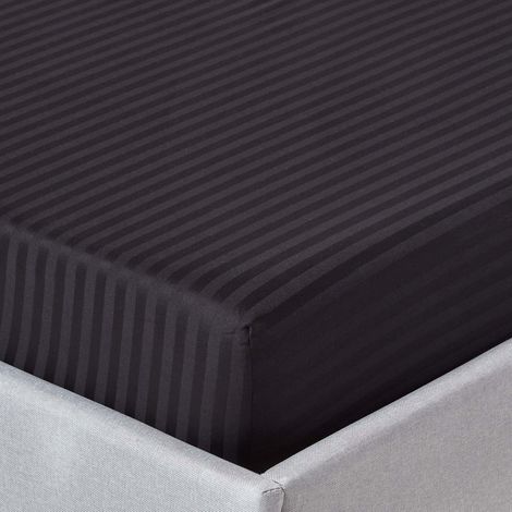 HOMESCAPES Black Egyptian Cotton Satin Stripe Fitted Sheet 330 Thread Count, Super King - Black