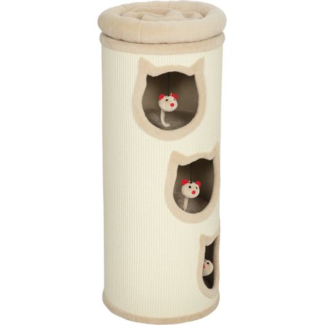 Tonneau avec grattoir tour sisal bordure peluche 3 niveaux assiette stable Ø 38 x 96 cm crème