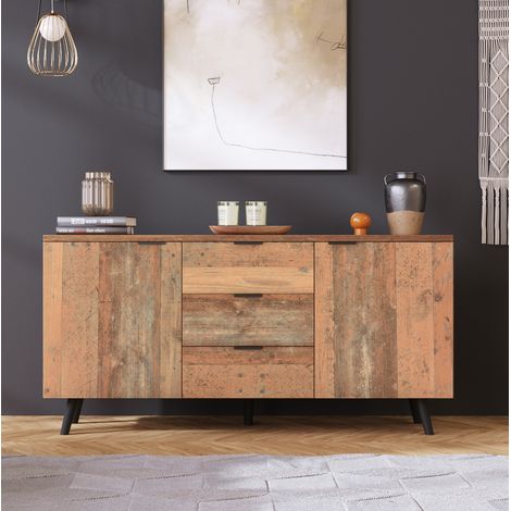 Meuble TV 140 x 35 x 70 cm, 3 tiroirs et étagères réglables, marron vintage HAVRYA (1/5)