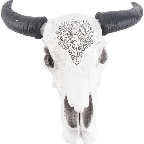 Décoration Murale Sculpture Animale Tête de Taureau Cornes Longues Résine - Ornement d'Intérieur pour Salon, Bureau, Bar (Tête + 2 Cornes, 30.5 x 14cm) (1/5)