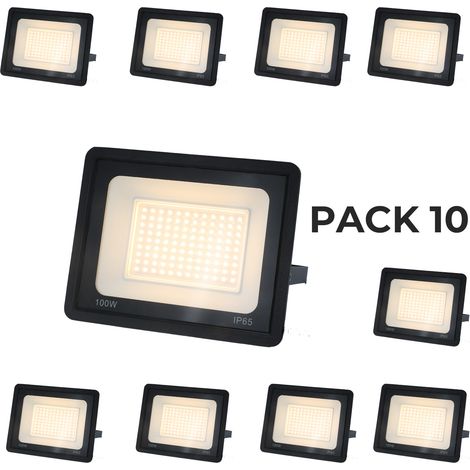 Pack 10 projecteurs LED extérieurs IP65 100W 9500 lm 3000K lumière chaude