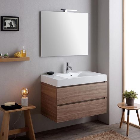 Mueble De Baño 90Cm Roble Natural Con Lavabo Blanco Y Espejo  Valentina