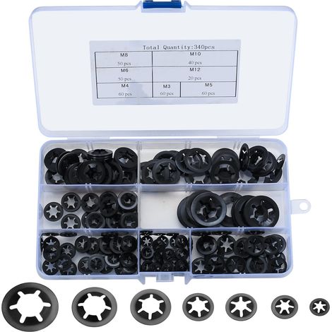 340 Pièces Rondelles Autobloquante, Rondelles Plates, Rondelles de Blocage Internes Rapide pour Équipement Mécanique, Production Industrielle Absorption Chocs - M3/M4/M5/M6/M8/M10/M12 (1/5)