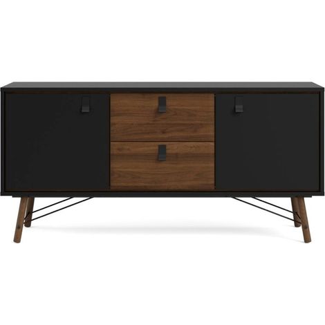 Aparador de salón negro mate y nogal con dos puertas y dos cajones 150 x 40 cm - Longarone (1/5)
