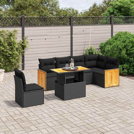 Salon de jardin 7 pièces avec table relevable, résine tressée noire et coussins, 63.9kg - PANGIVO (1/3)