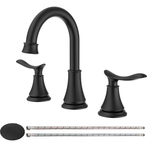 Robinet de lavabo Kichae à 2 poignées, 20 cm (8 po), nickel brossé, bec pivotant à 360°, bonde escamotable et flexible d'alimentation en eau certifié cUPC, noir mat (1/5)