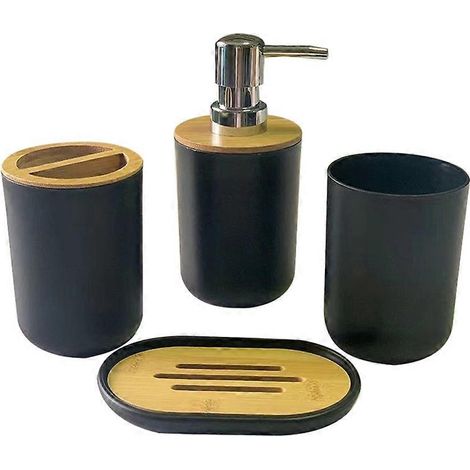 Badezimmer-Accessoire-Set: schwarzer Seifenspender, Flasche und Seifenschale (1/5)