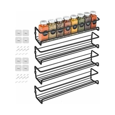 Lot de 4 étagères à épices en métal à fixation murale avec adhésif ou à visser, noir (SKU produit : 94940202 SKU Offre : lehuamwj761) (1/4)