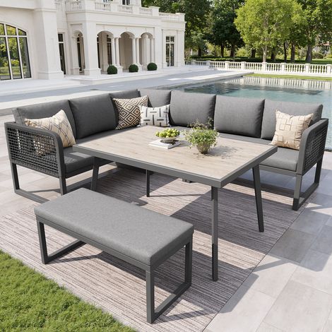 Salon de jardin exterieur 6/8 personnes,Ensemble de mobilier de jardin avec coussins d'assise et de dossier,chaises longues de jardin,ensemble de canapés en rotin PE tressé à la main,gris (1/5)