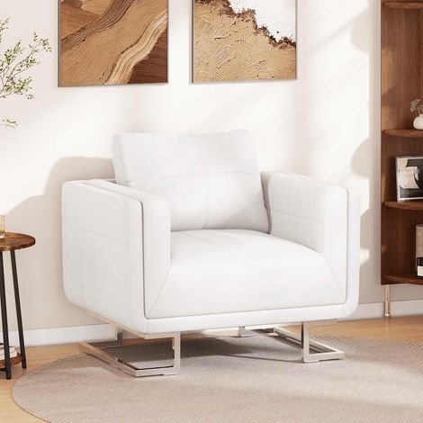 Fauteuil Cube avec pieds chromés, similicuir blanc