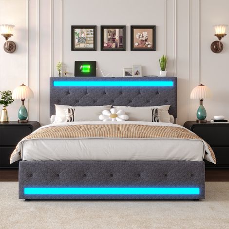 Lit Double 160x200 avec tiroirs de Rangement, avec LED et USB, Lit avec sommier à Lattes et tête de lit, pour Adultes et Adolescent, Linen (Gris, 160 x 200 cm) (1/5)