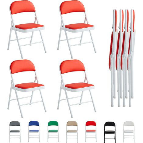 Set of 4 Faux Leather Foldable Chair with Metal Frame and Padded Seat RED