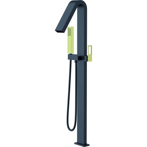 IMEX Rubinetto vasca-doccia a pavimento in acciaio e ottone nero-opaco con manopola e maniglia nero-oro lucido cartuccia ceramica Ø35mm tubo PVC – Modell Sue (1/2)