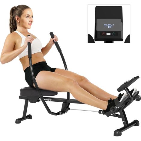 Rameur hydraulique 12 niveaux avec écran LCD, entraînement cardio domestique, charge max 130 kg, noir, fitness à domicile, aviron silencieux. (1/5)