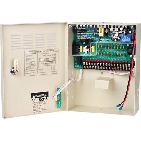Unité d'alimentation régulée en métal 18 canaux 12 V 10 A CC avec batterie de secours pour alarmes antivol caméras de vidéosurveillance Contrôle d'accès PTZ (1/4)