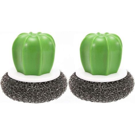 2pcs Creative Cactus Shape Kitchen Brushes Cactus Pot Wire Sponge Ball Dishwashing Brush Stainless Steel Scrubber Cleaning Brush with Black Plastic Handle (1/4)